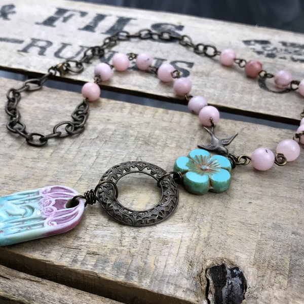 Whimsical Ceramic Birdhouse Necklace - Pink & Turquoise Handmade Jewellery