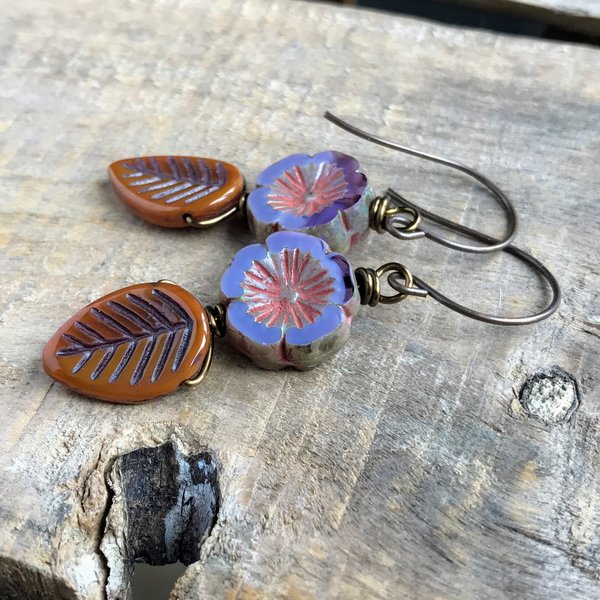 Czech Glass Leaf & Flower Earrings in Orange and Purple. Nature Inspired Rustic Jewellery