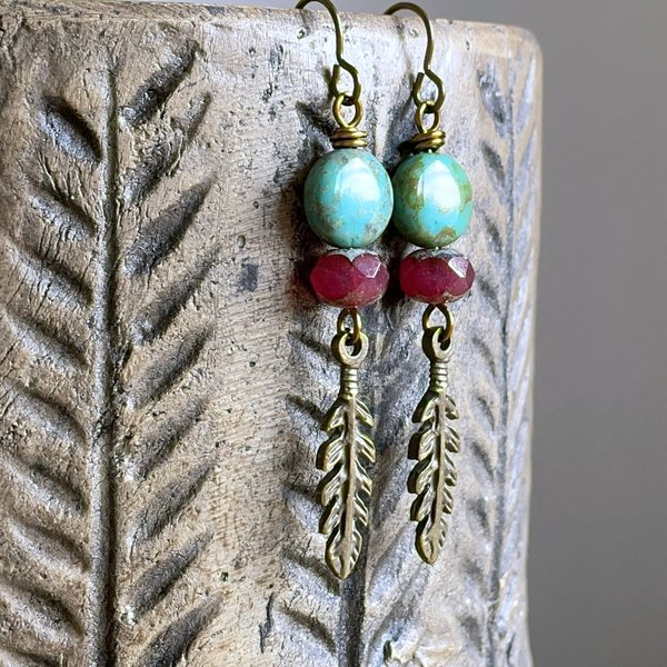 Bohemian Style Feather Earrings. Green & Pink Czech Glass Earrings. Feather Charm Earrings. Rustic Feather Earrings