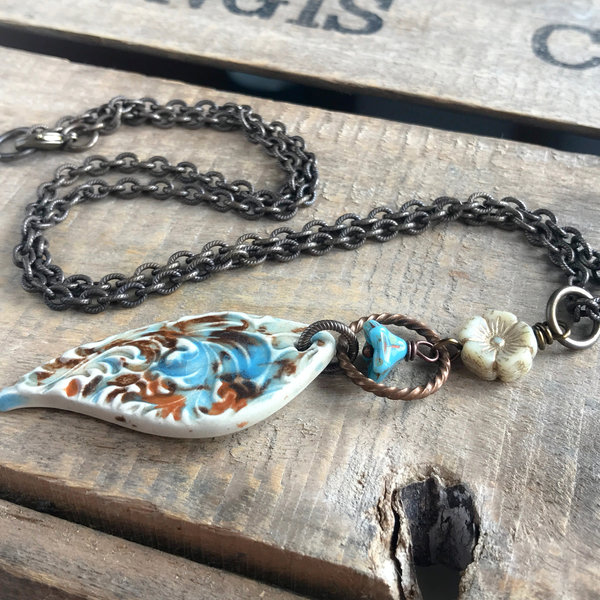 Handcrafted Ceramic Teardrop Pendant - Rustic Blue Cream & Brown Necklace - Unique Brass Chain Jewellery