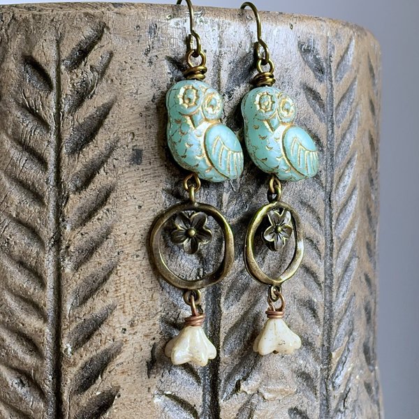 Czech Glass Owl Earrings. Nature Inspired Earrings. Whimsical Earrings. Duck Egg Bird Earrings
