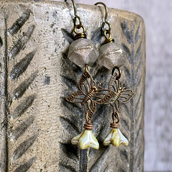 Bohemian Brass Butterfly Earrings with Rustic Czech Glass - Whimsical and Unique Nature Jewellery