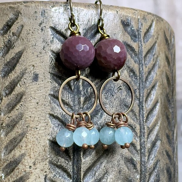 Sparkling Mookaite Semi Precious Earrings - Bohemian Cluster Earrings in Purple & Blue 