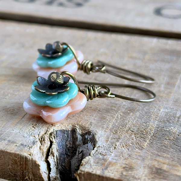 Czech Glass Flower Earrings. Pastel Peach & Turquoise Floral Earrings. Blossom Earrings. Stacked Earrings. Multi Colour Earrings