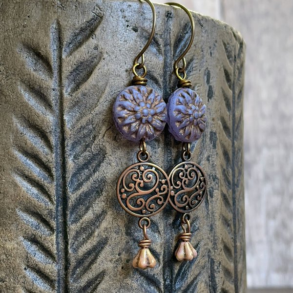 Rustic Czech Glass Flower Earrings. Dahlia Flower Earrings. Mauve & Copper Earrings. Bohemian Style Earrings