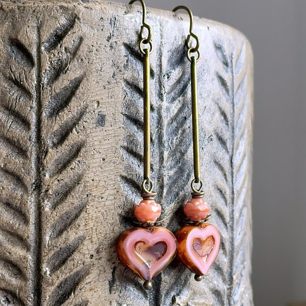 Coral Pink Heart Earrings. Czech Glass Earrings. Heart Shaped Earrings. Brass Earrings. Long Bohemian Earrings