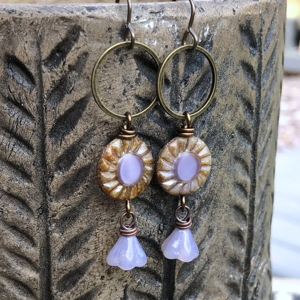 Pretty Lilac Czech Glass Earrings - Bohemian Style Sunflower Drops. Handmade Spring Designs