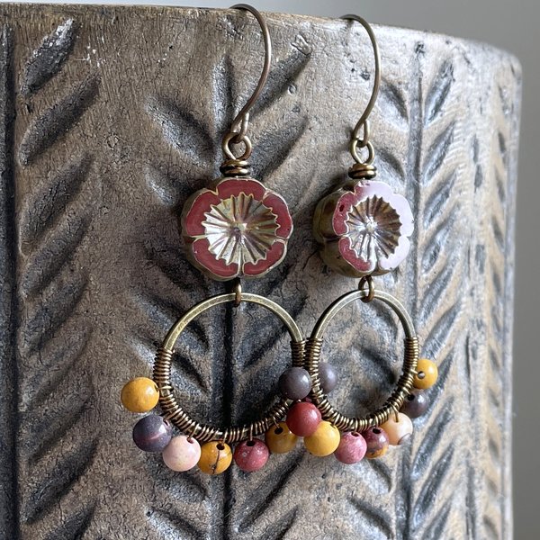 Mookaite & Czech Glass Flower Earrings. Bohemian Style Wirework Hoops. Semi Precious Bead Jewellery