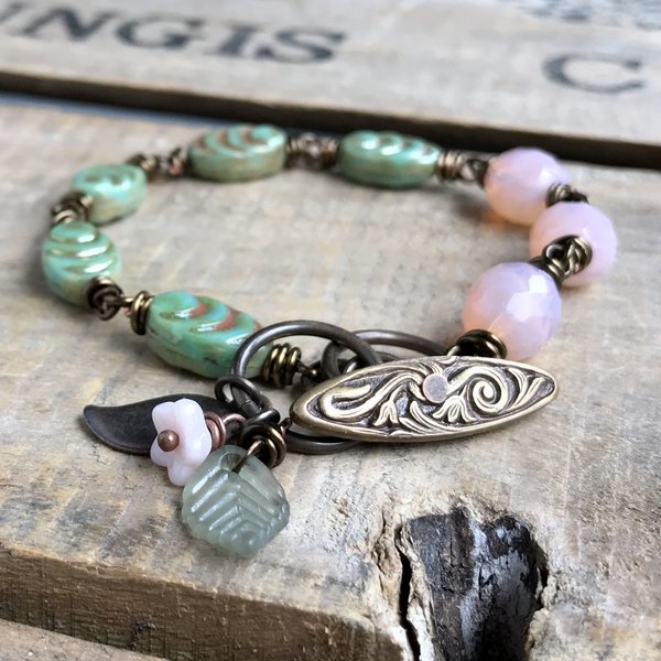 Handmade Pink & Green Czech Glass Bracelet - Feminine Rustic Beaded Jewellery - Spring Inspired