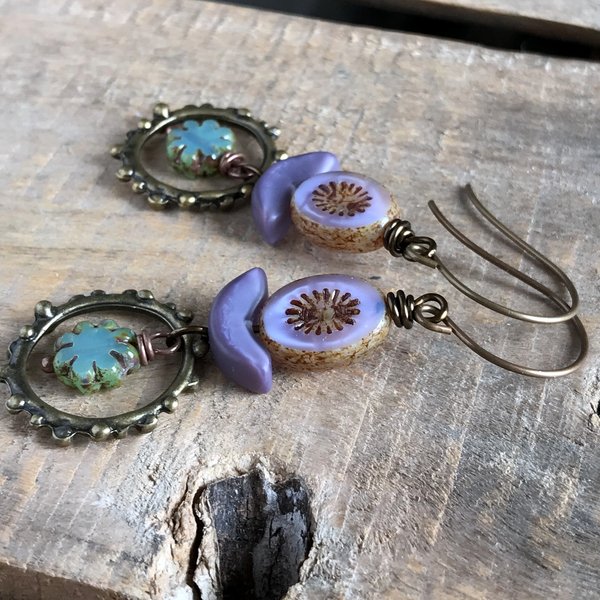 Colourful Lilac & Aqua Glass Bead Earrings - Bohemian Style Dangle Earrings, Lightweight Stacked Design