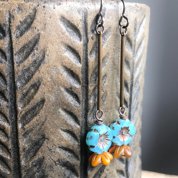 Simple Blue & Yellow Glass Flower Earrings. Boho Style Brass Dangle Earrings. Spring Floral Accessories