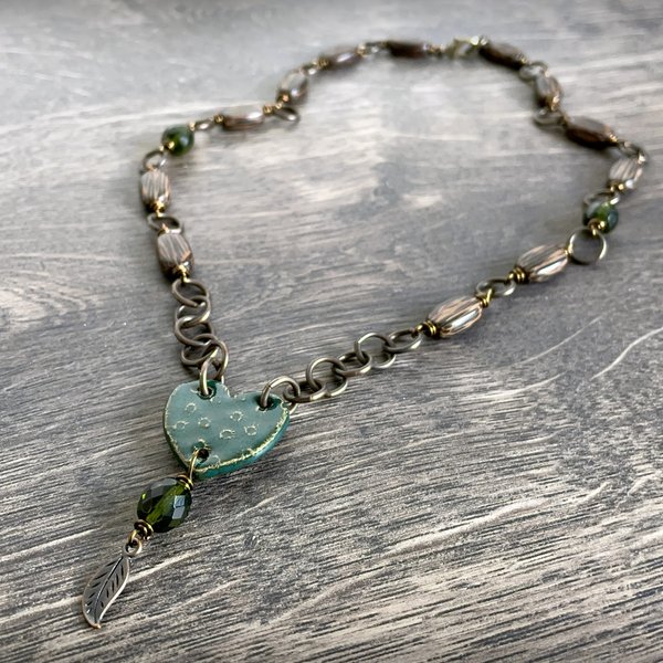 Emerald Green Artisan Ceramic Heart Necklace with Brass Chain. Rustic Wooden Bead Necklace. Unique Handcrafted Jewellery