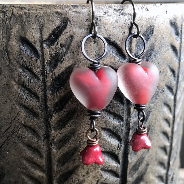 Red Lampwork Glass Heart Earrings – One of a Kind Handmade Jewellery. Unique Gift Idea