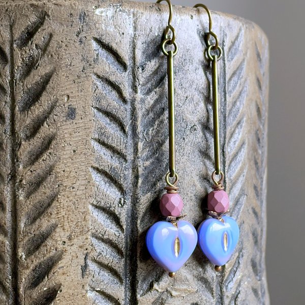 Blue & Pink Czech Glass Heart Earrings - Lightweight Bohemian Brass Jewellery