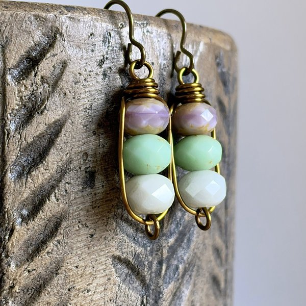 Czech Glass Bead Earrings. Mint & Lavender Stacked Earrings. Wire Work Earrings. Petite Drop Earrings