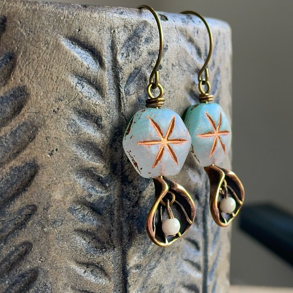 Czech Glass Bead Earrings with Copper Seashell Charms. Beach Style Jewellery, Perfect for Summer