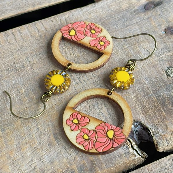 Hand-Painted Birch Wood Earrings. Bohemian Style Poppy Earrings. Colourful Coral Pink and Yellow Earrings. Summer Jewellery