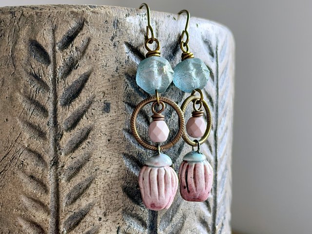 Unique Artisan Ceramic Drop Earrings. Bell Flower Earrings. Czech Glass Earrings. Seafoam, Aqua & Pink Earrings