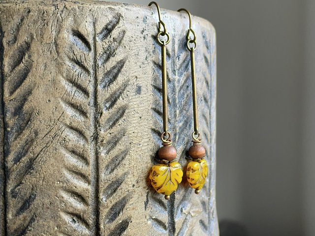 Golden Yellow Maple Leaf Earrings. Rustic Czech Glass Earrings. Autumn Earrings. Brass Earrings. Simple Boho Earrings
