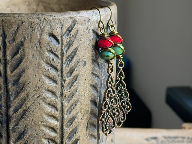 Bohemian Style Filigree Drop Earrings. Colourful Turquoise & Red Czech Glass Earrings. Long Boho Earrings