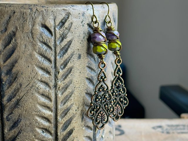 Colourful Purple & Lime Green Czech Glass Earrings. Copper Filigree Drop Earrings. Long Boho Earrings. Wirework Earrings