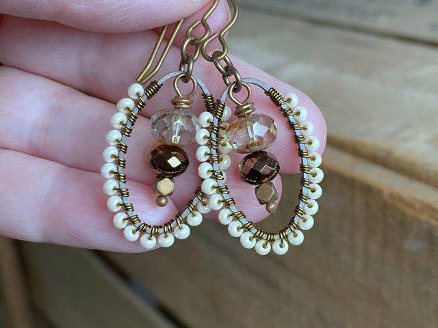Elegant Cream & Bronze Czech Glass Earrings. Wire Wrapped Hoop Earrings. Wirework Earrings. Stacked Earrings