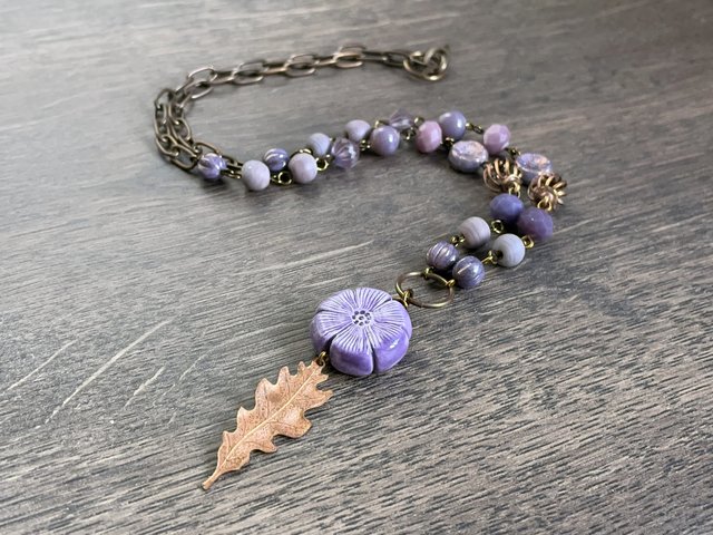 Rustic Copper Leaf Necklace. Purple Beaded Necklace. One of a Kind Mixed Media Necklace. Inspired by Nature