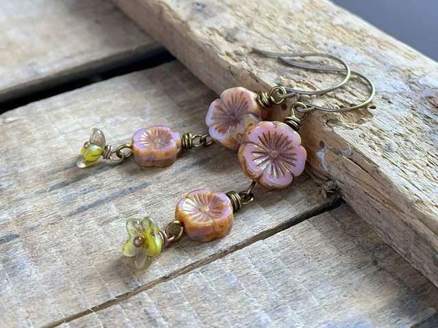 Spring Inspired Czech Glass Cascading Flower Earrings. Bohemian Floral Earrings