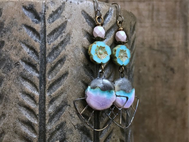 Handmade Turquoise & Pink Ceramic Earrings - Colourful Bohemian Statement Jewellery