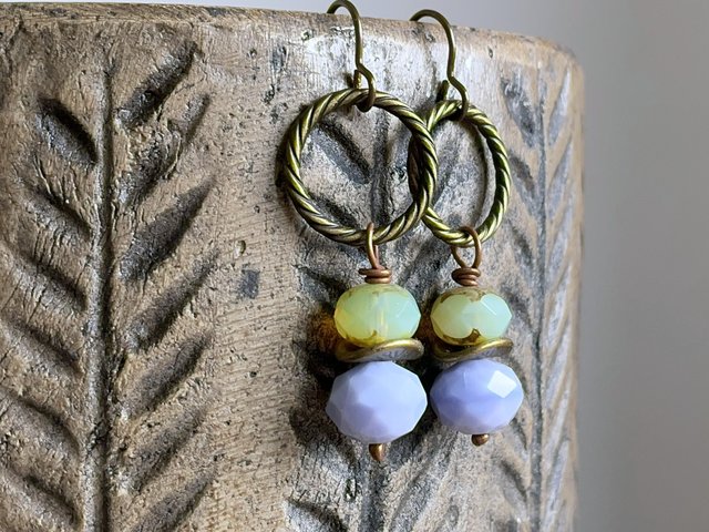 Pastel Lilac & Green Glass Bead Earrings. Faceted Earrings. Brass Hoop Earrings