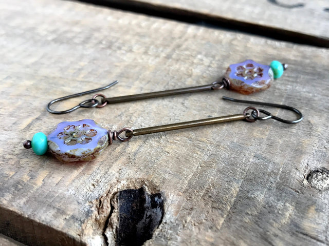 Czech Glass Daisy Bead Earrings - Purple, Aqua, Brass - Spring Boho Style