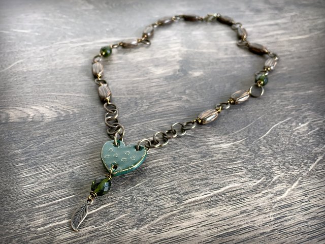 Artisan Ceramic Heart Necklace. Pottery Pendant.  Emerald Green Pottery Necklace. Brass Necklace