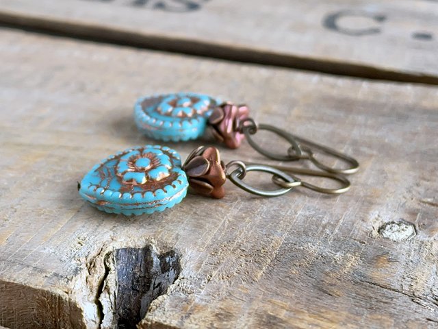Rustic Turquoise & Copper Glass Heart Earrings. Colourful Czech Glass Bead Earrings. Summer Jewellery