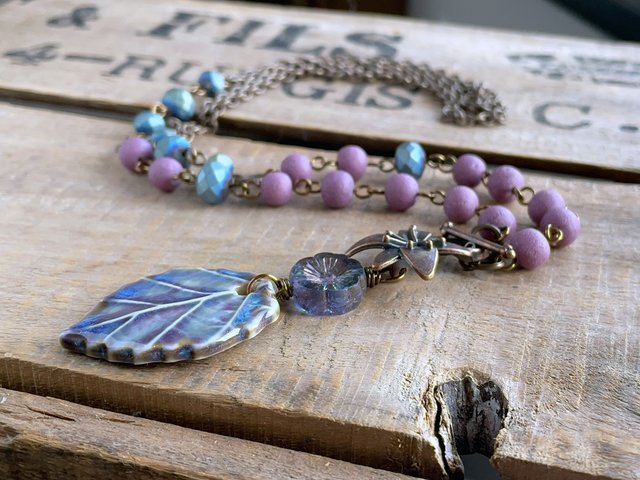 Artisan Ceramic Leaf Necklace. Pottery Pendant. Orchid Purple & Blue Glass Bead Necklace. Mixed Media Necklace